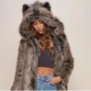 SpiritHoods Classic Grey Wolf Faux Fur Coat with Ears Size Small